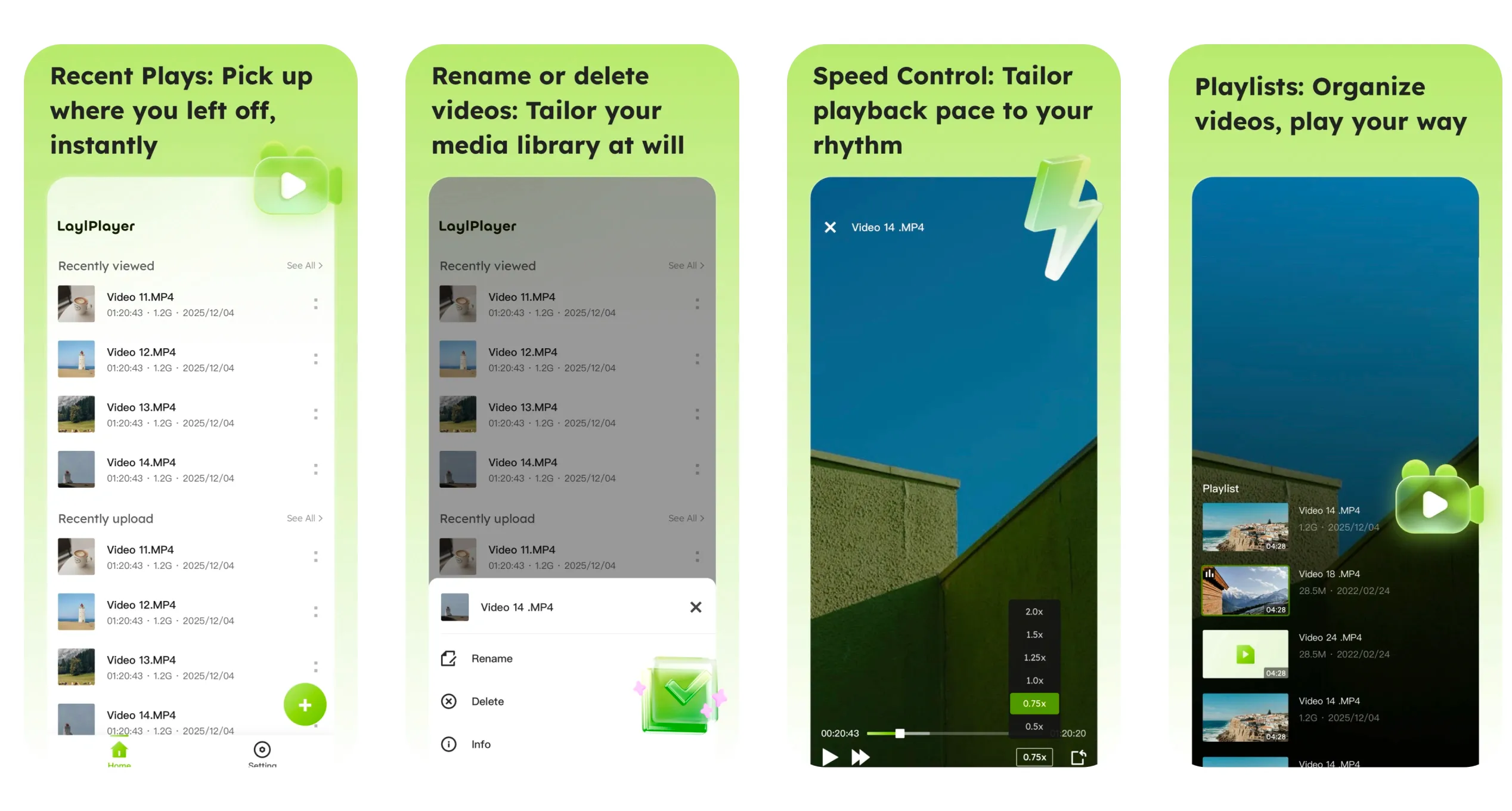 LaylPlayer recent plays, rename or delete videos, speed control, and playlists